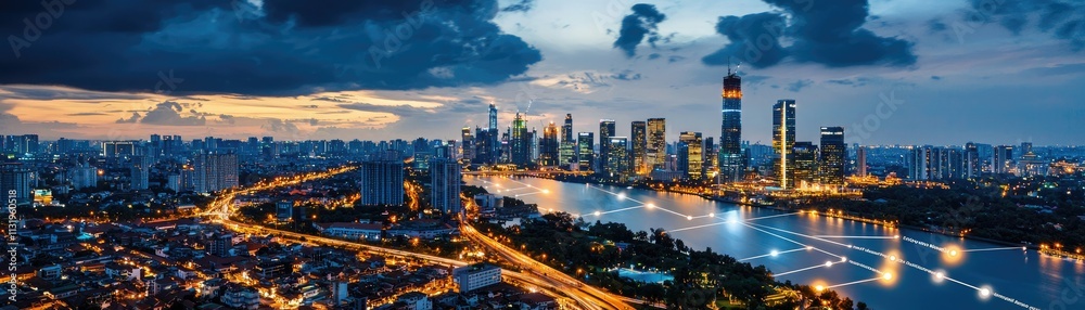custom made wallpaper toronto digitalA stunning panoramic view of a vibrant city skyline at dusk, reflected in a river, showcasing modern architecture and illuminated streets.