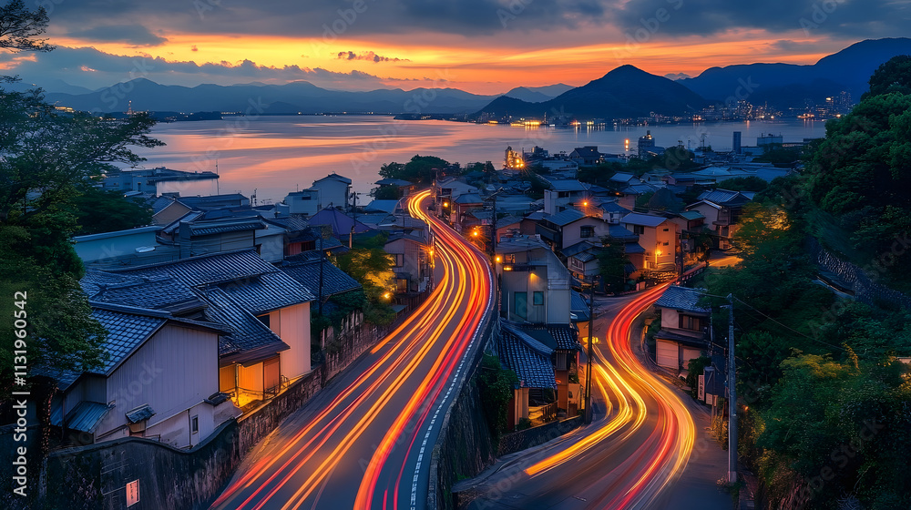 Fototapeta premium Japanese Coastal Town at Sunset with Light Trails