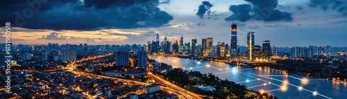 Wallpaper Mural A stunning panoramic view of a vibrant city skyline at dusk, reflected in a river, showcasing modern architecture and illuminated streets. Torontodigital.ca