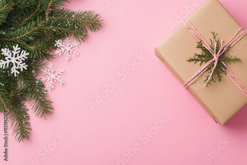Festive Christmas Flat Lay on Pink Background with Gift Box, Pine Branches, White Snowflakes, and Red Berries