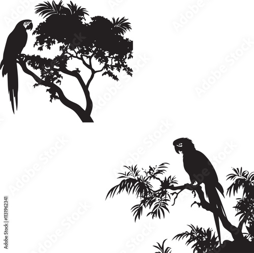 Tree with parrot bird black silhouette vector file graphic design