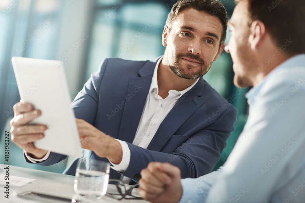 © peopleimages.com - Tablet, conversation and business men in office with research for online stock market investment. Discussion, meeting and financial advisors with digital technology for company capital gain proposal.