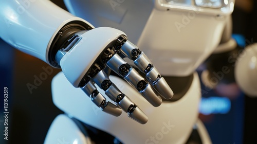 An extreme close-up of the sensitive tactile sensors and responsive touch interface of a humanoid interactive guide robot in a museum robotics exhibit, Robotics style, photo of photo