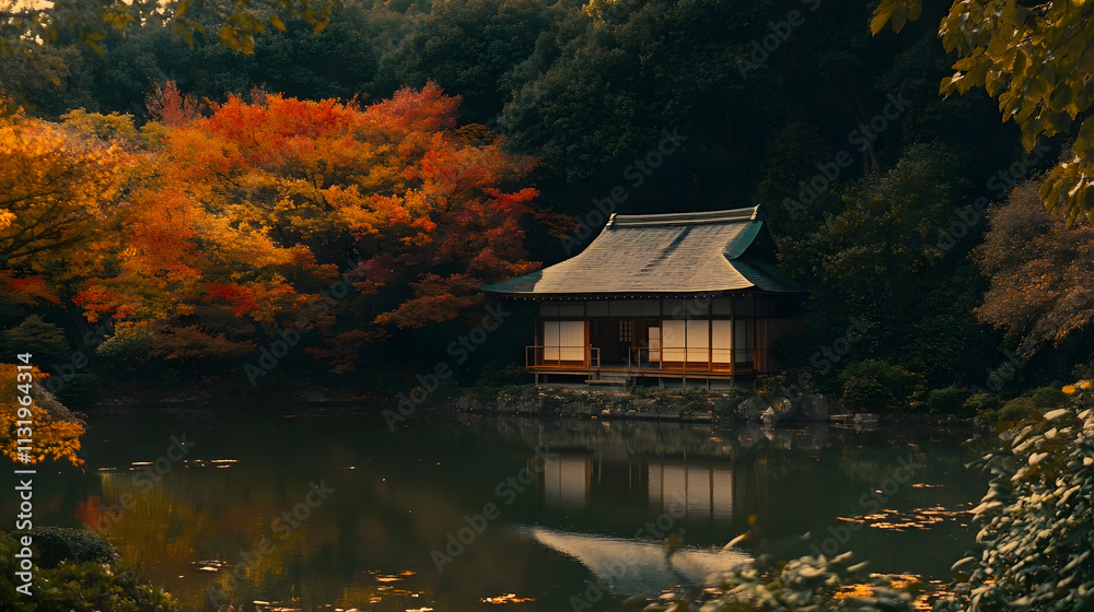 Fototapeta premium Tranquil Japanese Garden House with Autumn Pond Reflection