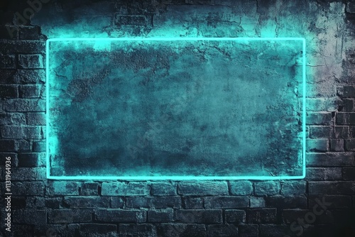 Grungy brick wall with a teal neon rectangular frame. photo