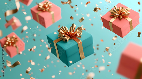 Wallpaper Mural Floating teal and pink gift boxes with gold ribbons and confetti. Torontodigital.ca