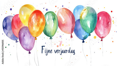 Happy Birthday illustration card written in Dutch language Fijne verjaardag in watercolor style with festive balloons on white background photo