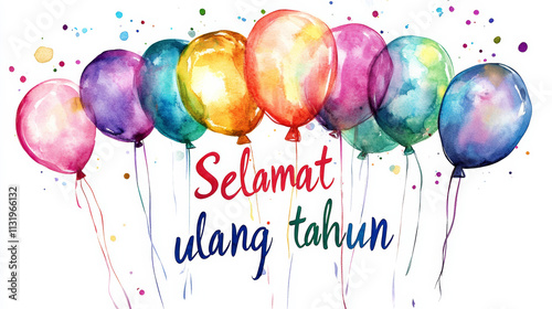 Happy Birthday illustration card written in Indonesian language Selamat ulang tahun in watercolor style with festive balloons on white background photo