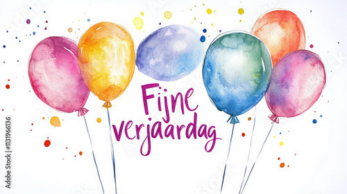 Happy Birthday illustration card written in Dutch language Fijne verjaardag in watercolor style with festive balloons on white background photo