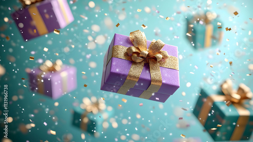 Wallpaper Mural Purple and teal gift boxes floating with confetti. Torontodigital.ca