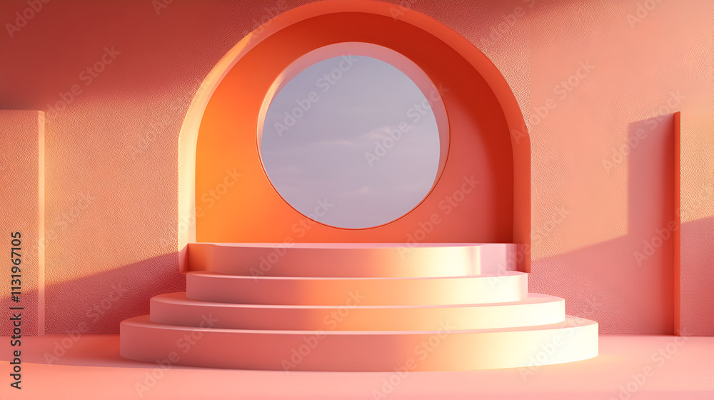 Obraz premium Abstract Coral Steps Display with Oval Window View