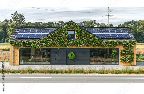 hyper realistic photo of  A heat pump with photovoltaic panels installed on the roof of a single-family house, along with a green room, forms an eco-friendly heating and air condit photo