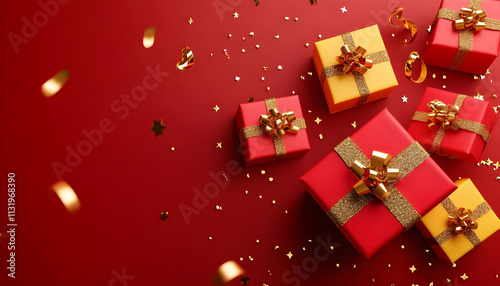 Wallpaper Mural Red and gold gift boxes with confetti on red background. Torontodigital.ca