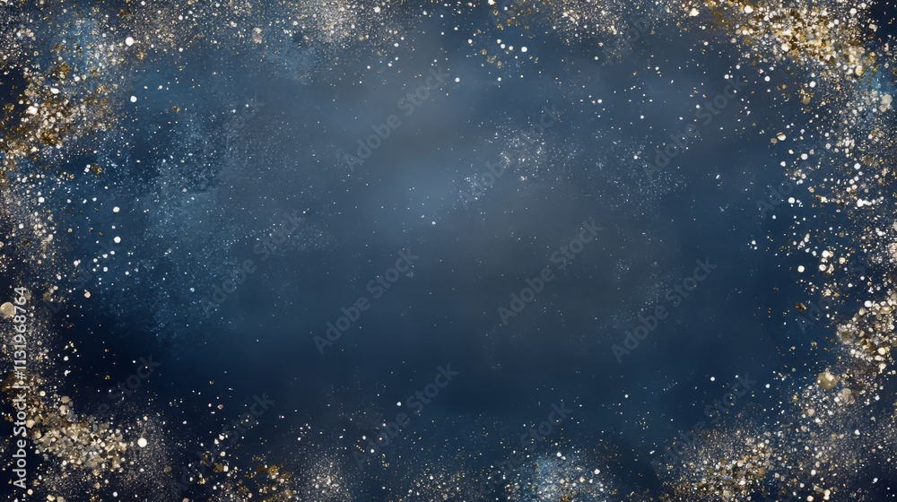 Obraz premium A navy festive backdrop with a mix of tiny and large snowflakes, complemented by golden sequins, and a blank middle area realistic