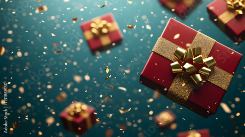 Wallpaper Mural Red gift boxes with gold bows falling on teal background. Torontodigital.ca