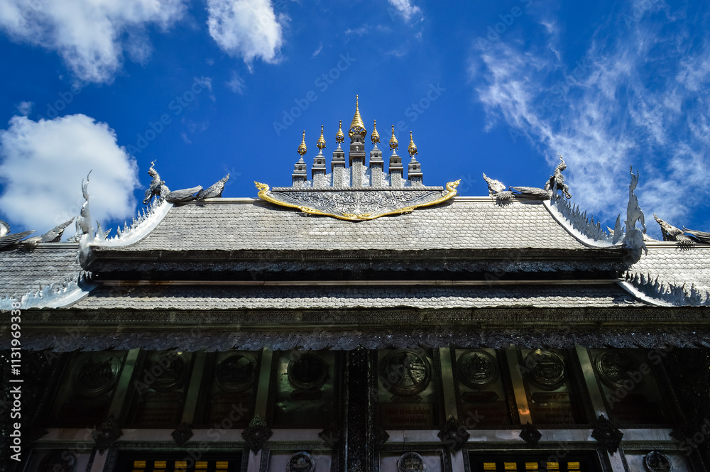 Obraz premium Silver Chapel Lanna Architecture at Sri Suphan Temple, Symbols of Buddhism, South East Asia at Chiang Mai, Northern Thailand