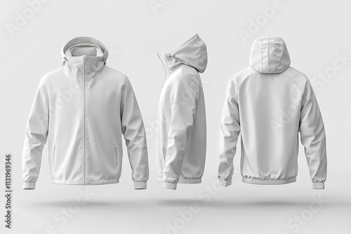 White hooded jacket mockup, front, side, back views. (6) photo