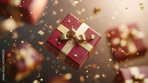 Wallpaper Mural Red gift boxes with gold ribbons and confetti falling. (15) Torontodigital.ca