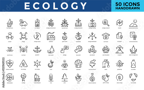 Ecology icon set with burning house, eco truck, eco battery, ecology environment, save the tree, ecology education, ecology funding, ecology research, recycle icon. Simple handdrawn vector 
