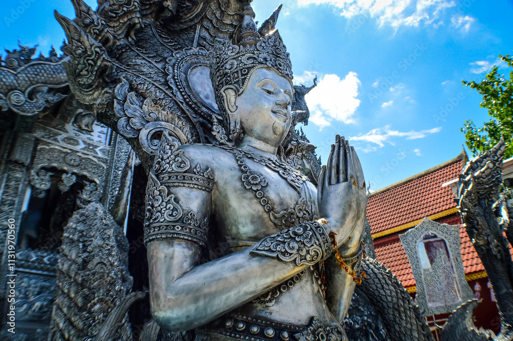 Obraz premium Silver Thai Angel Statue Lanna Architecture at Sri Suphan Temple, Symbols of Buddhism, South East Asia at Chiang Mai, Northern Thailand
