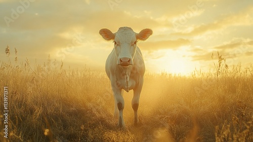 White Cow in Golden Sunset Field photo