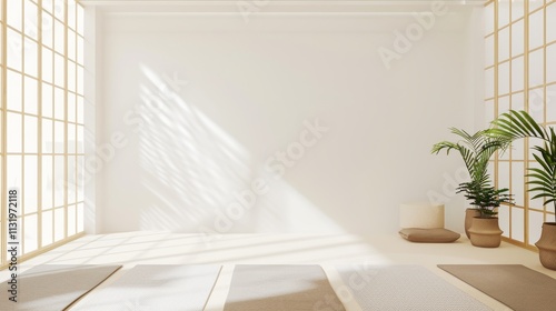 A minimalist yoga pavilion with a white backdrop, Yoga mats and tranquil environment, Japanese minimalist style photo