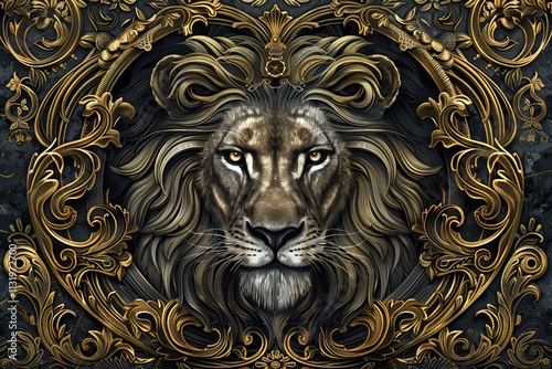 Majestic Lion in Baroque Frame: A Digital Art Masterpiece photo