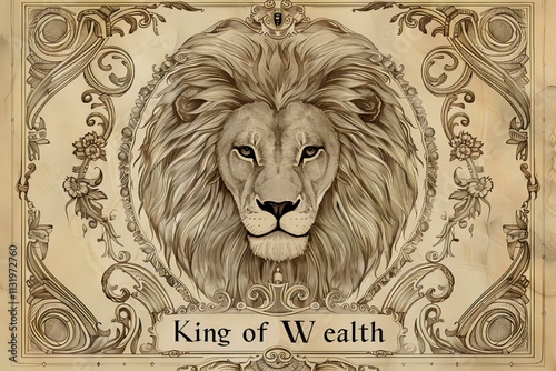 Majestic King of Wealth: A Sepia Lion Portrait in Ornate Frame photo