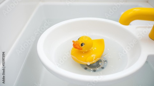 Yellow rubber duck toy floating in a blue basin with water, bathroom, plastic photo