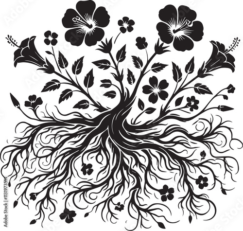 Roots intertwined with flowers silhouettes vector illustration