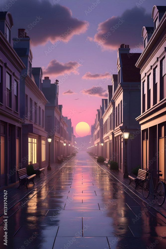 Fototapeta premium Peaceful reflections dance on the wet street, mirroring the soft glow of the evening sky. A perfect moment to pause and breathe.
