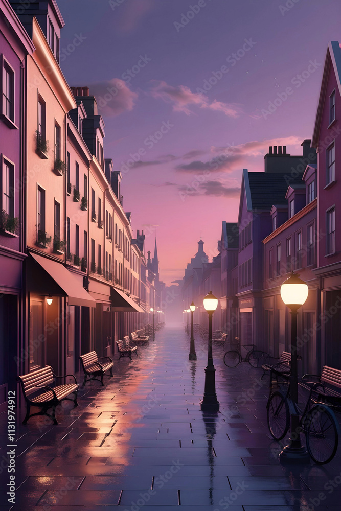 Fototapeta premium Peaceful reflections dance on the wet street, mirroring the soft glow of the evening sky. A perfect moment to pause and breathe.