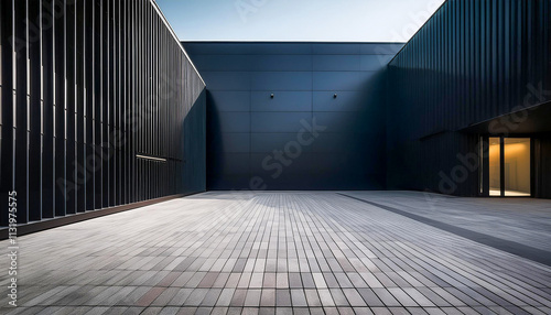 Empty sidewalk in front of a dark building wall minimalist photograph showing implicity and the beauty of clean.Generative AI

