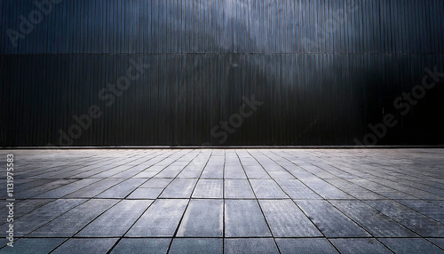 Empty sidewalk in front of a dark building wall minimalist photograph showing implicity and the beauty of clean.Generative AI
