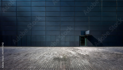 Empty sidewalk in front of a dark building wall minimalist photograph showing implicity and the beauty of clean.Generative AI
