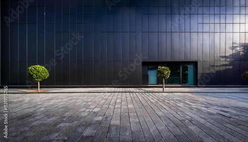 Empty sidewalk in front of a dark building wall minimalist photograph showing implicity and the beauty of clean.Generative AI
 photo