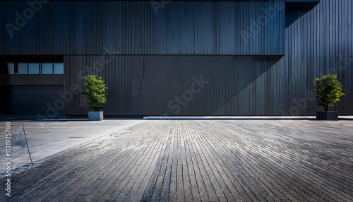 Empty sidewalk in front of a dark building wall minimalist photograph showing implicity and the beauty of clean.Generative AI
