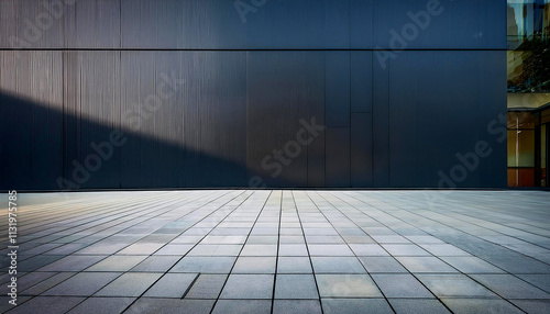 Empty sidewalk in front of a dark building wall minimalist photograph showing implicity and the beauty of clean.Generative AI
