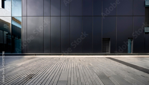 Empty sidewalk in front of a dark building wall minimalist photograph showing implicity and the beauty of clean.Generative AI

