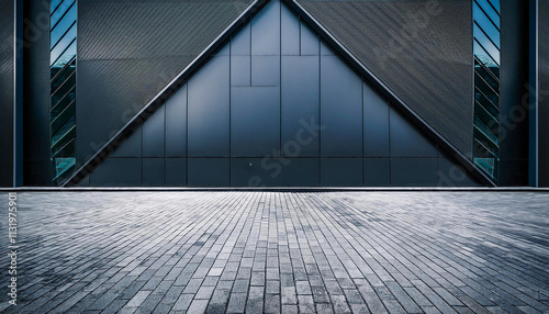 Empty sidewalk in front of a dark building wall minimalist photograph showing implicity and the beauty of clean.Generative AI
