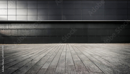 Empty sidewalk in front of a dark building wall minimalist photograph showing implicity and the beauty of clean.Generative AI
