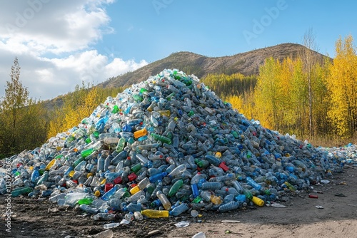 Mountain of discarded plastic bottles in natural landscape environmental impact awareness scenic viewpoint focus on plastic pollution nature preservation concept photo