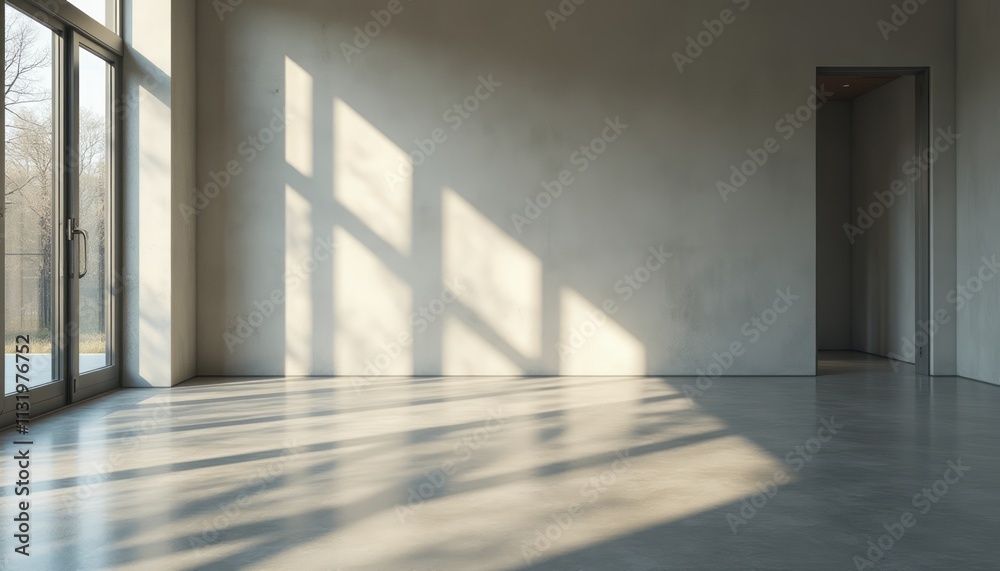 Fototapeta premium A spacious, minimalist room features large windows casting gentle shadows on the smooth concrete floor, creating a serene atmosphere. The interplay of light and shadow enhances the tranquil vibe
