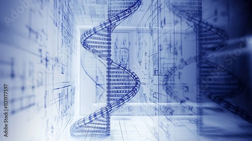 Abstract Architectural Design with DNA Helix Staircase in Blueprint Style
