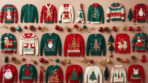 Flat lay illustration of colorful National Ugly Christmas Sweater Day decorations