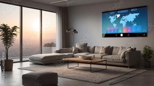 Smart Home Sunset View: Modern Living Room with Interactive World Map Display