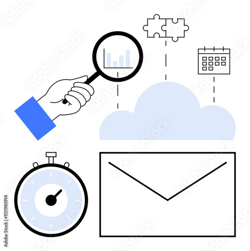 Magnifying glass puzzle pieces calendar stopwatch, envelope with cloud. Ideal for cloud computing, data analysis, organization, time management, digital communication, collaboration, efficiency