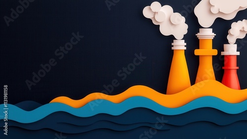 A vibrant, abstract representation of industrial smokestacks releasing steam above stylized waves, highlighting themes of pollution and environmental impact. photo