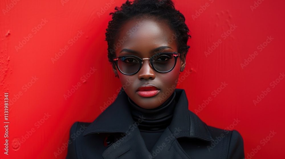 Obraz premium Stylish model in a black outfit on a red background
