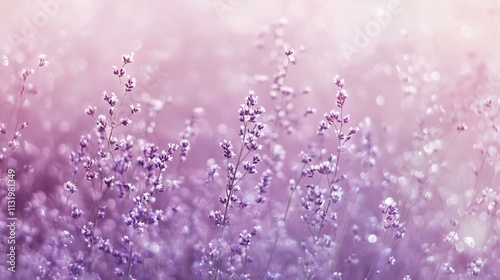 Ethereal lavender field bathed in soft pink and purple tones, showcasing delicate flowers and a dreamy bokeh background.